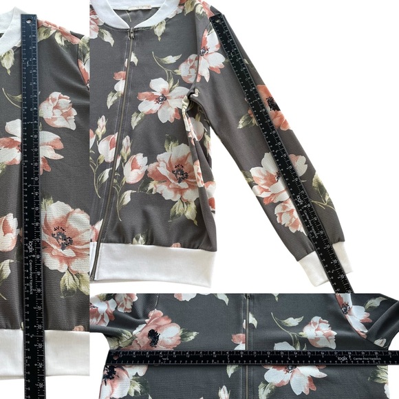 Le Lis Women’s Sz S Gray Blush Pink Floral Zip Chiffon Bomber Jacket Cottagecore - Picture 4 of 16